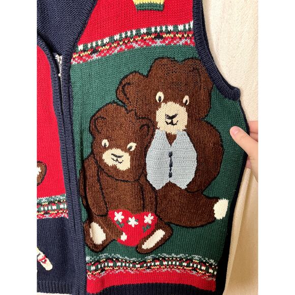 1990s Capacity Teddy Bears Christmas Patchwork Granny Kawaii Zip Sweater Vest L - Picture 4 of 6